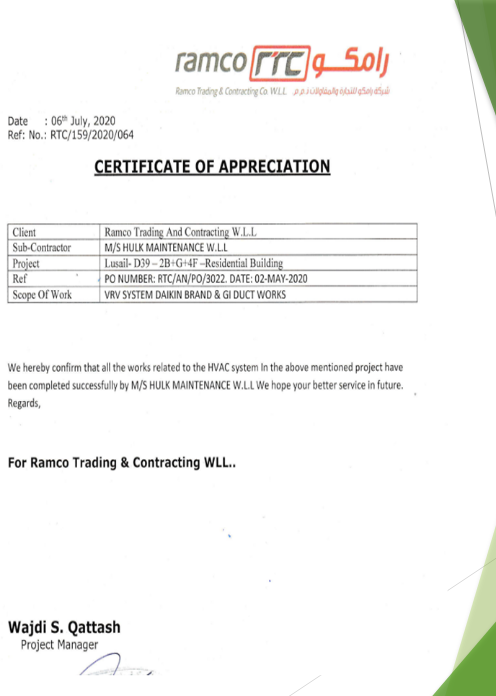 Ramco certificate of appreciation for VRV and duct works